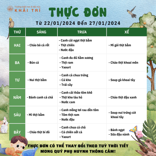 Thực Đơn Tuần Mới (Từ 22/01/2024 - 27/01/2024)